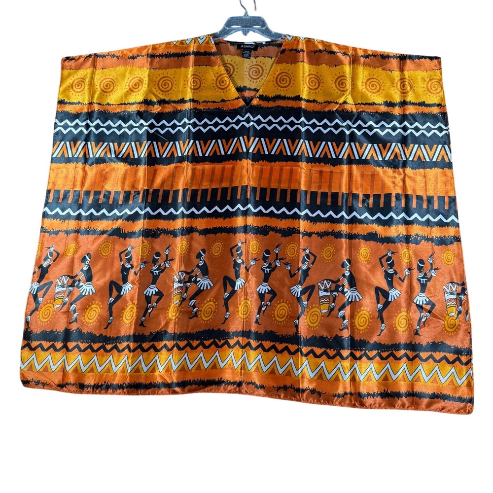 Ashro One Size Fits Most Kaftan Dress Orange Black‎ African Dancers Print